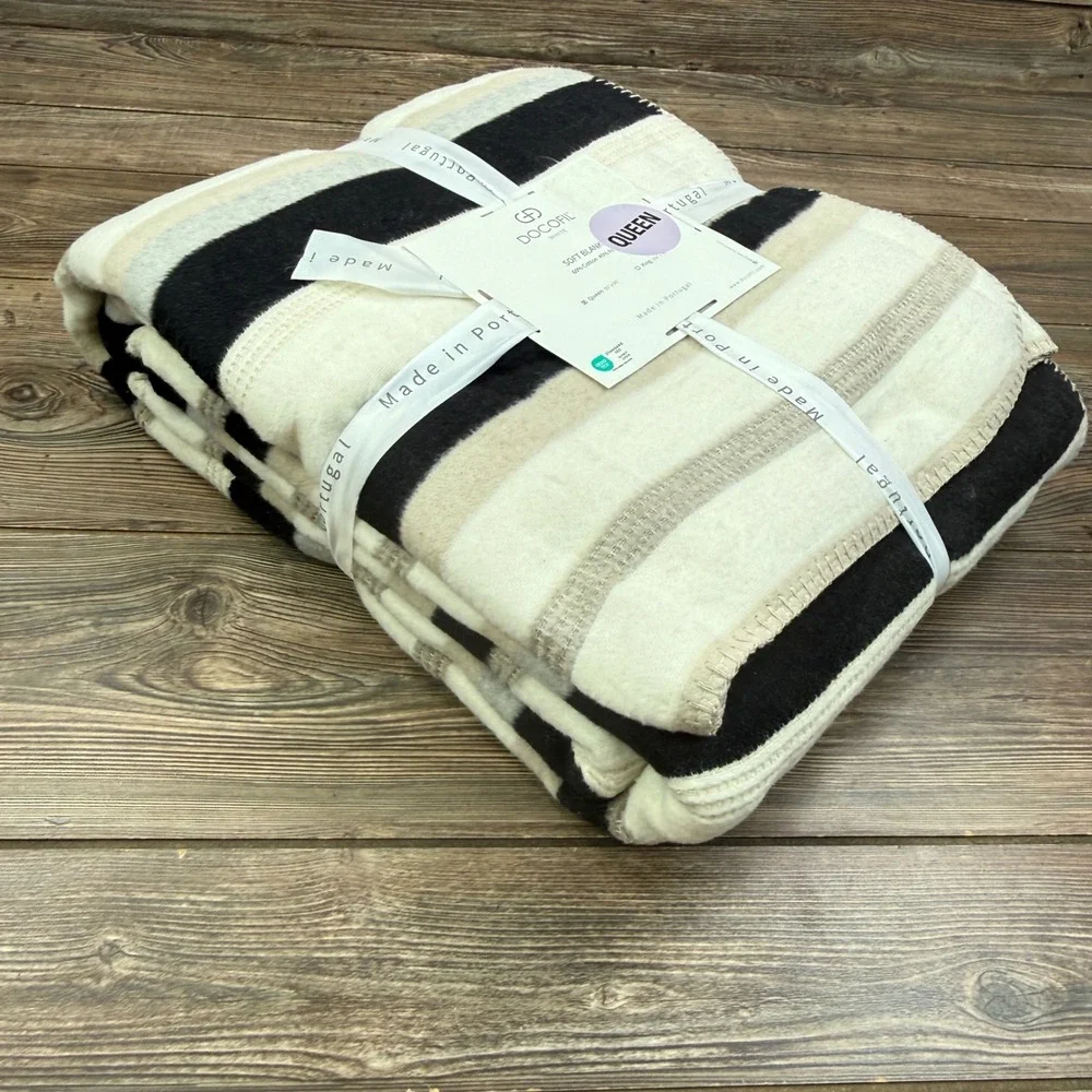 Docofil Queen Size Soft Blanket Cream Tan Black Striped Made in Portugal NEW